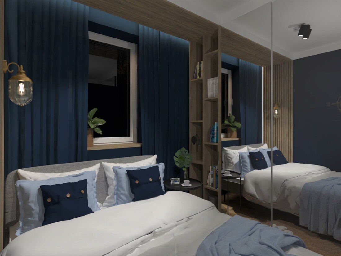 Aleksandra Chmielowicz architekt wnętrz, projektowanie wnętrz Olkusz, projektowanie wnętrz Mikołów, projektowanie wnętrz Tychy, projekt sypialni, styl marynistyczny sypialnia, styl morski sypialnia, Studio Ładnie projektowanie wnętrz Tychy